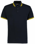 Kustom Kit's KK409 features a black polo shirt with a yellow striped collar and cuffs.