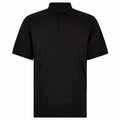 The KK412 by Kustom Kit is a plain black polo shirt featuring a collared neckline and three buttons down the front.