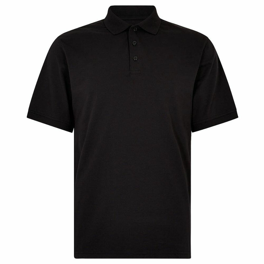The KK412 by Kustom Kit is a plain black polo shirt featuring a collared neckline and three buttons down the front.
