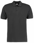 The Kustom Kit KK413 is a sleek black polo shirt featuring short sleeves and a three-button collar.
