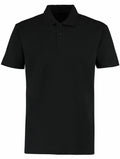 The KK422 by Kustom Kit is a plain black polo shirt featuring a collar and three buttons down the front.