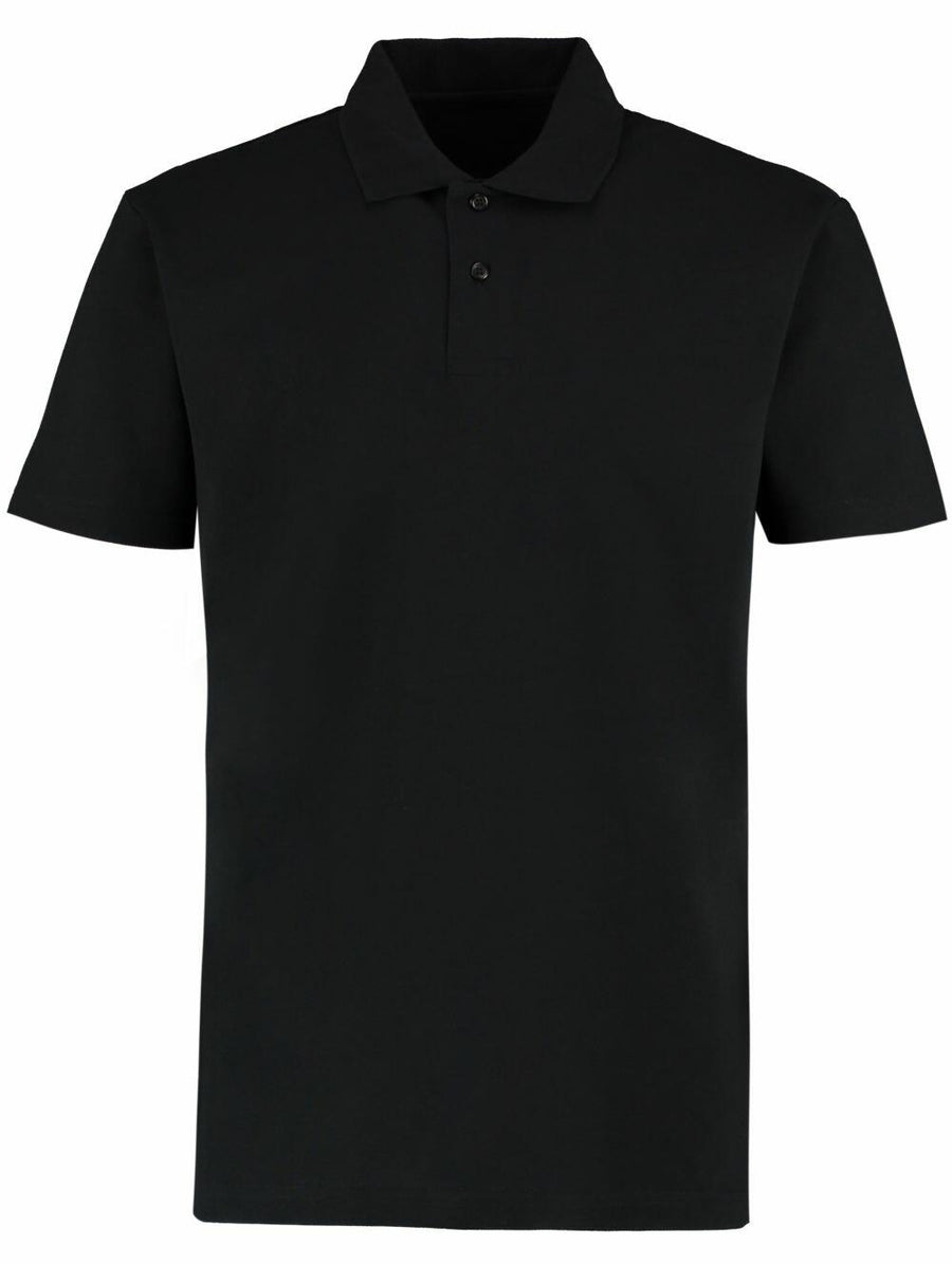 The KK422 by Kustom Kit is a plain black polo shirt featuring a collar and three buttons down the front.