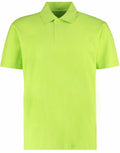 The Kustom Kit KK422 is a bright lime green polo shirt, featuring short sleeves, a classic collar, and a three-button placket. It is showcased against a plain white background.