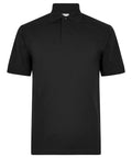 A basic black polo short-sleeve shirt with a collar and two-button neckline is shown against a white background.