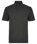 A black polo shirt featuring short sleeves, a collar, and a two-button placket is shown against a white background.