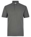 The Polos: a plain dark grey short-sleeve polo shirt, featuring a collar and two buttons at the neck, shown on a white background.