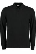 The KK430 by Kustom Kit is a black long-sleeve polo shirt featuring a collar and three buttons on the front.