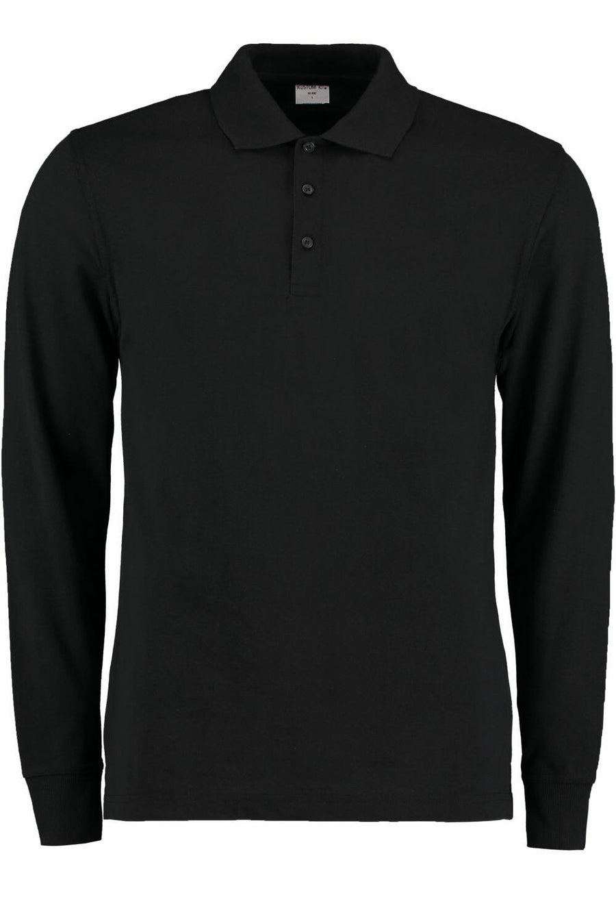 The KK430 by Kustom Kit is a black long-sleeve polo shirt featuring a collar and three buttons on the front.