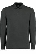 Kustom Kit's KK430 is a long-sleeve polo shirt in dark green, featuring a collar and three buttons.