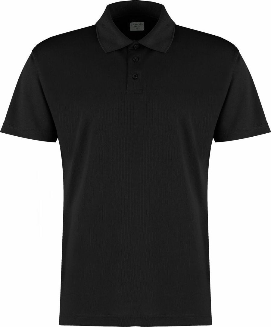 The Kustom Kit KK455 is a black polo shirt featuring short sleeves, a collar, and a three-button placket.