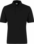 The KK460 by Kustom Kit is a short-sleeved, plain black polo shirt featuring a three-button collar.