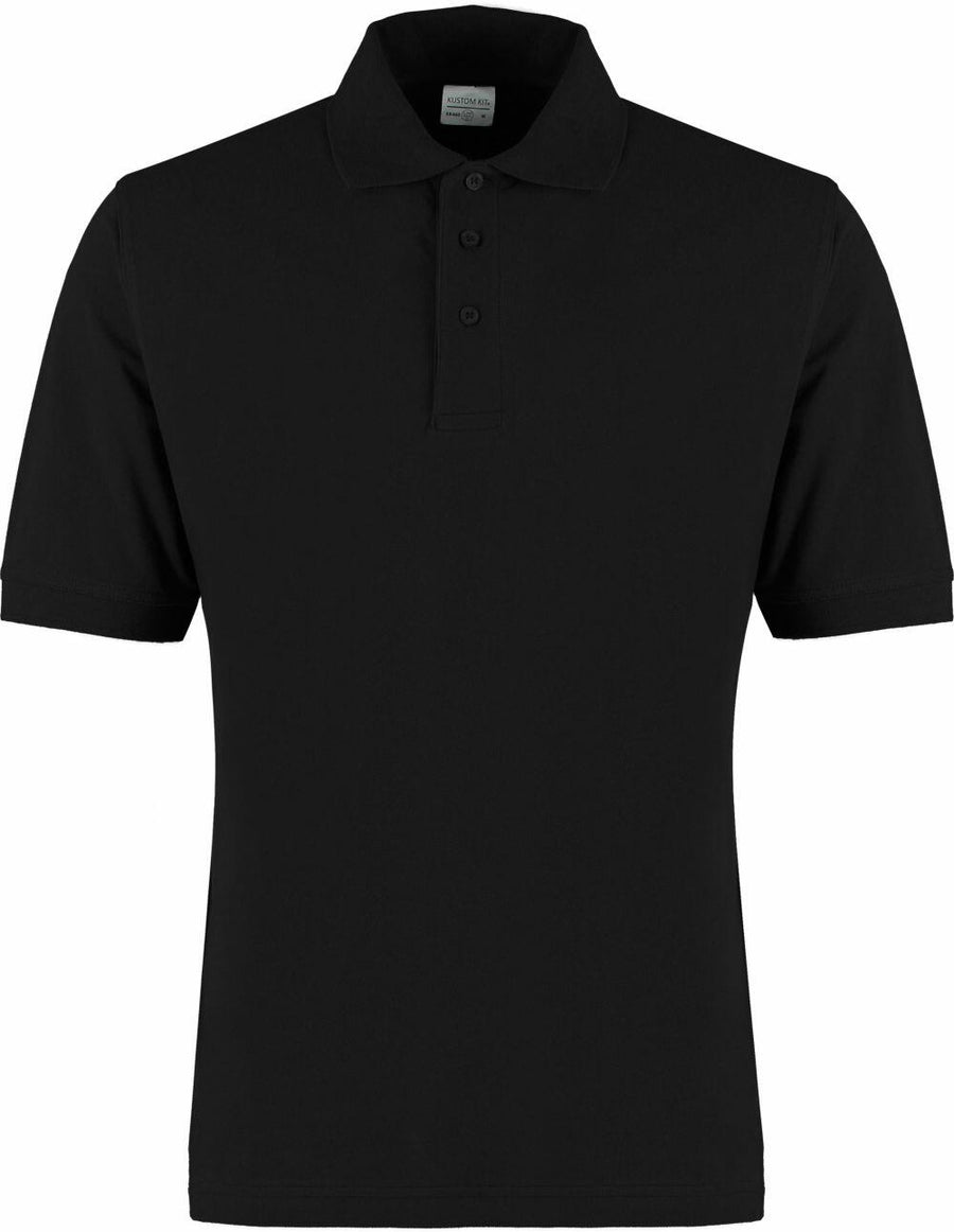 The KK460 by Kustom Kit is a short-sleeved, plain black polo shirt featuring a three-button collar.