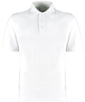 Introducing the KK460 from Kustom Kit: a classic white polo shirt featuring short sleeves and a traditional collar. It includes a three-button placket and is crafted from a soft, lightweight fabric for enhanced comfort.