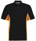 Gamegear's KK475 black polo shirt features orange and white side panels and a three-button collar.