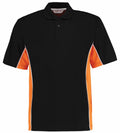Introducing the Gamegear KK475: a black polo shirt featuring striking orange side panels and white accents. This sporty design includes a collar and three buttons for a sleek look.