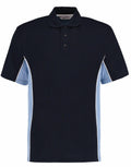 The Gamegear KK475 is a black short-sleeved polo shirt that boasts light blue side panels and white piping. It features a buttoned collar and a classic fit.