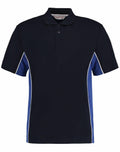 Introducing the Gamegear KK475: a black polo shirt featuring stylish blue and white side panels, complete with a classic collar and a three-button placket.