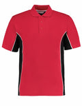 Introducing the Gamegear KK475: a stylish red polo shirt with short sleeves, designed with sleek black side panels and accented by white piping. This shirt features a classic collar and three-button placket for a refined look.