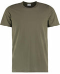 A KK504 T-shirt from Kustom Kit, featuring a plain olive green color, short sleeves, and a round neckline, is displayed against a white background.