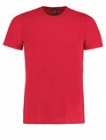 A Kustom Kit KK504 plain red t-shirt with a round neckline is displayed against a white background. The shirt features short sleeves and a standard fit, with a visible label at the inside neck.
