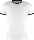 Product Description: The KK508 by Kustom Kit is a plain white T-shirt featuring black trim on the neckline and sleeves, displayed on a white background.