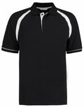 The KK615 by Kustom Kit is a black polo shirt featuring white stripes on the shoulders and sleeves.