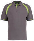 The KK615 polo shirt by Kustom Kit is gray with green accents on the shoulders, sleeves, and collar edges. It features a three-button placket and short sleeves, displayed on a plain white background.