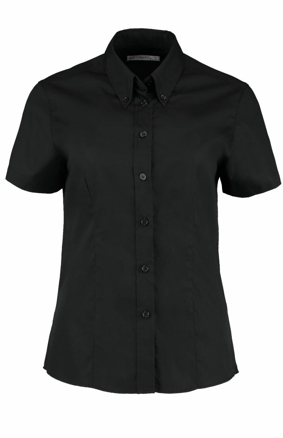 Kustom Kit's KK701 is a black short-sleeve button-up shirt featuring a pointed collar.