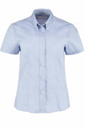 Light blue KK701 short-sleeve button-up shirt with a collar by Kustom Kit, displayed against a white background.