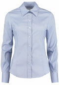 A light blue women's KK702 button-up shirt with long sleeves and a pointed collar by Kustom Kit.