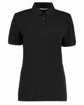 The KK703 by Kustom Kit is a black polo shirt featuring short sleeves, a collar, and three buttons.