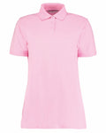The KK703 by Kustom Kit is a plain pink polo shirt featuring short sleeves, a collar, and a button placket at the front.
