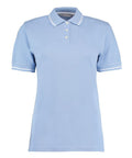 KK706 by Kustom Kit features a light blue polo shirt design with white trim and three buttons down the front.