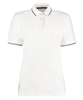 The KK706 by Kustom Kit is a plain white polo shirt equipped with short sleeves and a collar, accented with thin black trim on both the collar and sleeve edges. It also features a three-button placket.