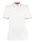 Kustom Kit's KK706 is a white polo shirt featuring red trim on the collar and sleeves, with a button placket at the front.