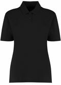 The KK722 by Kustom Kit is a plain black polo shirt featuring short sleeves and a collar with three buttons.