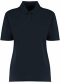 The KK722 by Kustom Kit is a plain black short-sleeve polo shirt featuring a collar and three buttons.