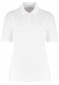 The KK722 by Kustom Kit is a plain white polo shirt featuring short sleeves, a collar, and three buttons.