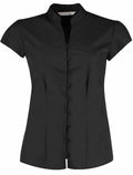 KK727 by Kustom Kit, a black short-sleeve button-up shirt with a mandarin collar, displayed on a white background.