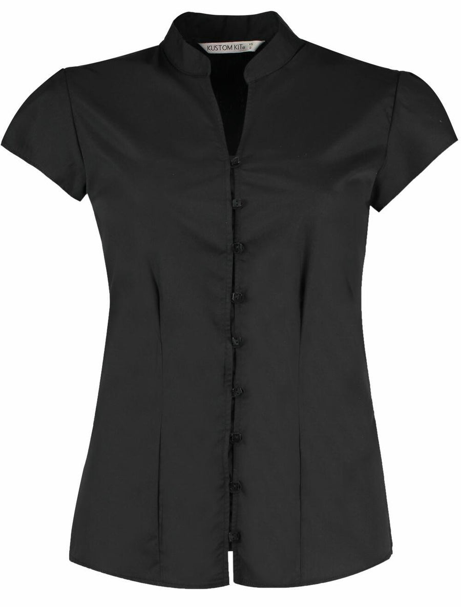 KK727 by Kustom Kit, a black short-sleeve button-up shirt with a mandarin collar, displayed on a white background.