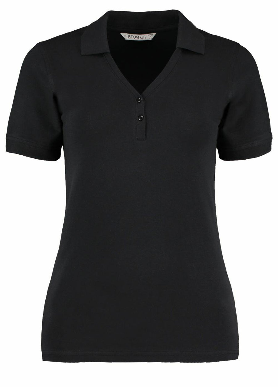 The Kustom Kit KK732 is a black short-sleeve polo shirt displayed on a plain background, showcasing its collar and buttoned placket.