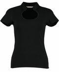 The KK755 by Kustom Kit is a black short-sleeve shirt featuring a high collar and a prominent circular cut-out at the neckline.