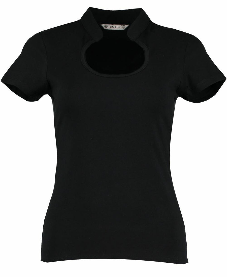 The KK755 by Kustom Kit is a black short-sleeve shirt featuring a high collar and a prominent circular cut-out at the neckline.