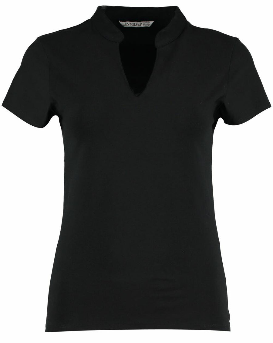 The KK770 by Kustom Kit is a black short-sleeve shirt with a V-cut neckline displayed against a plain background.