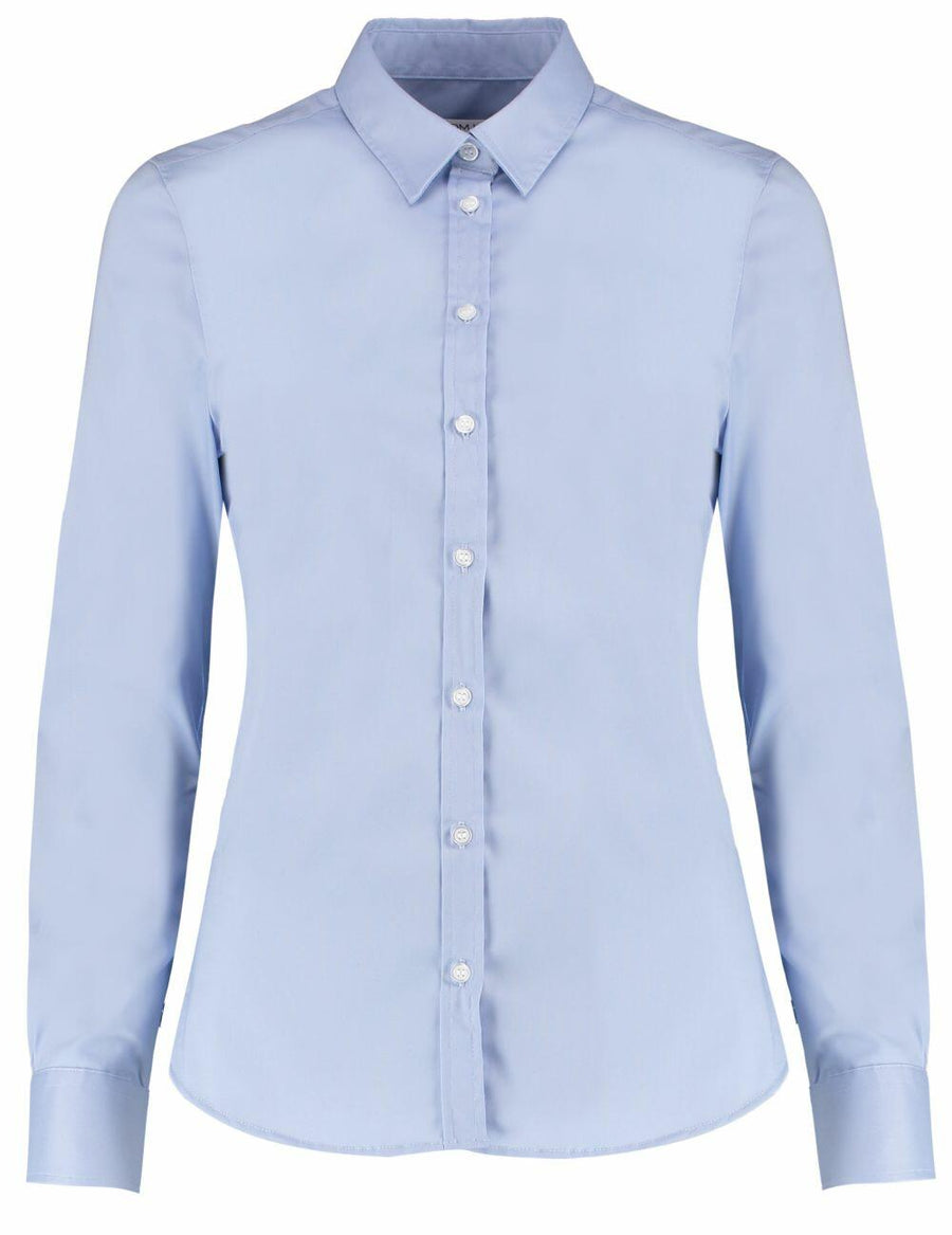 Kustom Kit KK782: A light blue tailored fit long-sleeve shirt featuring a collar and buttoned cuffs.
