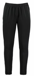 Kustom Kit's KK971 black athletic pants, featuring an elastic waistband and tapered legs, set against a white background.