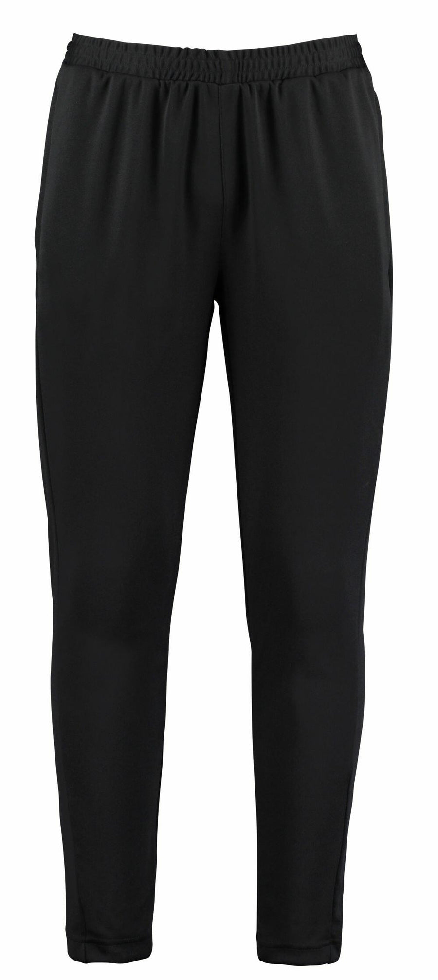 Kustom Kit's KK971 black athletic pants, featuring an elastic waistband and tapered legs, set against a white background.