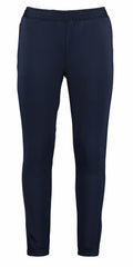 The Kustom Kit KK971 track pants in dark blue, featuring an elastic waistband, are displayed against a white background.