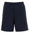 The KK980 black athletic shorts by Kustom Kit, featuring an elastic waistband, displayed from the front against a white background.