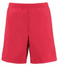Kustom Kit KK980 knee-length red athletic shorts featuring an elastic waistband, showcased against a plain white background.
